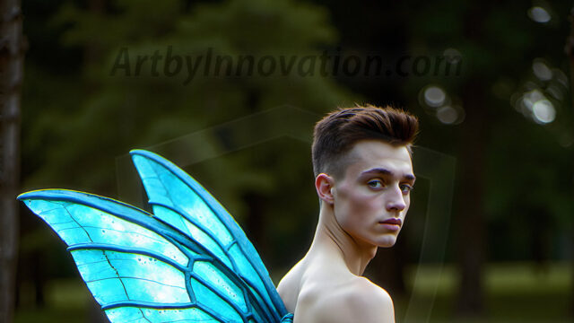 Brought to life through AI, Capturing the Pristine and Elusive Male Fairy. Imagine a realm where handsome shirtless men & boys possess enormous, shimmering crystal wings, vibrant and radiant, capturing and reflecting the light of the environment in a mesmerizing way, and adding a touch of mystery to their intense visage. Outdoors in a fantasy mysterious enchanted realm.