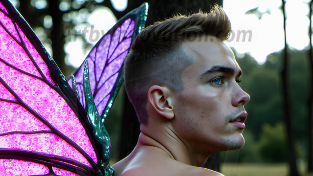 Brought to life through AI, Capturing the Pristine and Elusive Male Fairy. Imagine a realm where handsome shirtless men & boys possess enormous, shimmering crystal wings, vibrant and radiant, capturing and reflecting the light of the environment in a mesmerizing way, and adding a touch of mystery to their intense visage. Outdoors in a fantasy mysterious enchanted realm.
