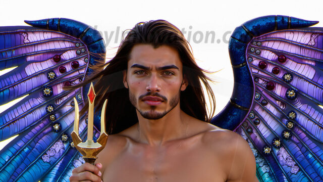 Brought to life through AI, Capturing the Pristine and Elusive Male Fairy. Imagine a realm where handsome shirtless men & boys possess enormous, shimmering crystal wings, vibrant and radiant, capturing and reflecting the light of the environment in a mesmerizing way, and adding a touch of mystery to their intense visage. Outdoors in a fantasy mysterious enchanted realm.