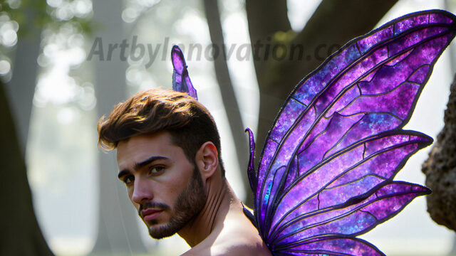 Brought to life through AI, Capturing the Pristine and Elusive Male Fairy. Imagine a realm where handsome shirtless men & boys possess enormous, shimmering crystal wings, vibrant and radiant, capturing and reflecting the light of the environment in a mesmerizing way, and adding a touch of mystery to their intense visage. Outdoors in a fantasy mysterious enchanted realm.
