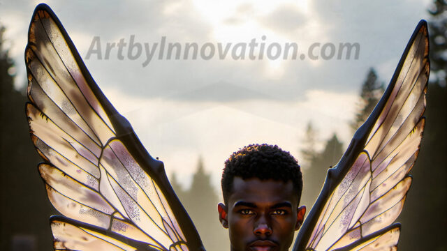 Brought to life through AI, Capturing the Pristine and Elusive Male Fairy. Imagine a realm where handsome shirtless men & boys possess enormous, shimmering crystal wings, vibrant and radiant, capturing and reflecting the light of the environment in a mesmerizing way, and adding a touch of mystery to their intense visage. Outdoors in a fantasy mysterious enchanted realm.