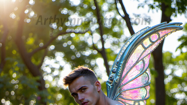 Brought to life through AI, Capturing the Pristine and Elusive Male Fairy. Imagine a realm where handsome shirtless men & boys possess enormous, shimmering crystal wings, vibrant and radiant, capturing and reflecting the light of the environment in a mesmerizing way, and adding a touch of mystery to their intense visage. Outdoors in a fantasy mysterious enchanted realm.