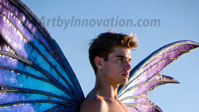 Brought to life through AI, Capturing the Pristine and Elusive Male Fairy. Imagine a realm where handsome shirtless men & boys possess enormous, shimmering crystal wings, vibrant and radiant, capturing and reflecting the light of the environment in a mesmerizing way, and adding a touch of mystery to their intense visage. Outdoors in a fantasy mysterious enchanted realm.