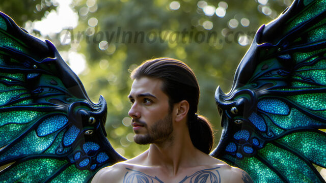 Brought to life through AI, Capturing the Pristine and Elusive Male Fairy. Imagine a realm where handsome shirtless men & boys possess enormous, shimmering crystal wings, vibrant and radiant, capturing and reflecting the light of the environment in a mesmerizing way, and adding a touch of mystery to their intense visage. Outdoors in a fantasy mysterious enchanted realm.