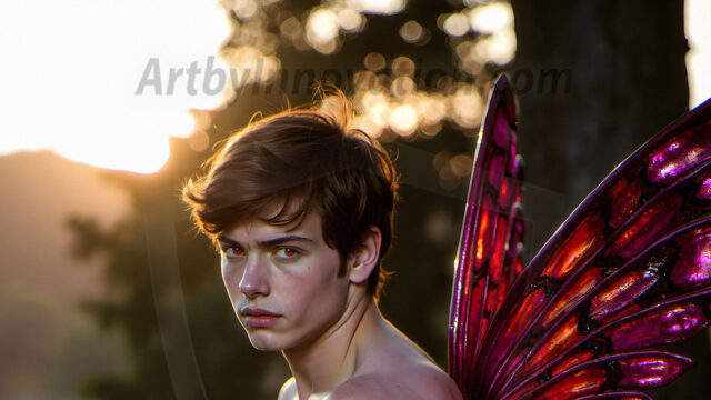 Brought to life through AI, Capturing the Pristine and Elusive Male Fairy. Imagine a realm where handsome shirtless men & boys possess enormous, shimmering crystal wings, vibrant and radiant, capturing and reflecting the light of the environment in a mesmerizing way, and adding a touch of mystery to their intense visage. Outdoors in a fantasy mysterious enchanted realm.