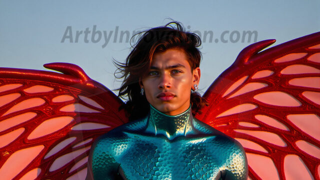 Brought to life through AI, Capturing the Pristine and Elusive Male Fairy. Imagine a realm where handsome shirtless men & boys possess enormous, shimmering crystal wings, vibrant and radiant, capturing and reflecting the light of the environment in a mesmerizing way, and adding a touch of mystery to their intense visage. Outdoors in a fantasy mysterious enchanted realm.