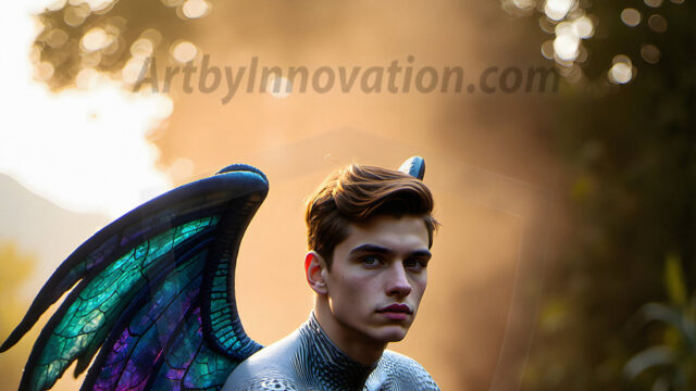 Brought to life through AI, Capturing the Pristine and Elusive Male Fairy. Imagine a realm where handsome shirtless men & boys possess enormous, shimmering crystal wings, vibrant and radiant, capturing and reflecting the light of the environment in a mesmerizing way, and adding a touch of mystery to their intense visage. Outdoors in a fantasy mysterious enchanted realm.