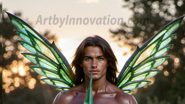 Brought to life through AI, Capturing the Pristine and Elusive Male Fairy. Imagine a realm where handsome shirtless men & boys possess enormous, shimmering crystal wings, vibrant and radiant, capturing and reflecting the light of the environment in a mesmerizing way, and adding a touch of mystery to their intense visage. Outdoors in a fantasy mysterious enchanted realm.