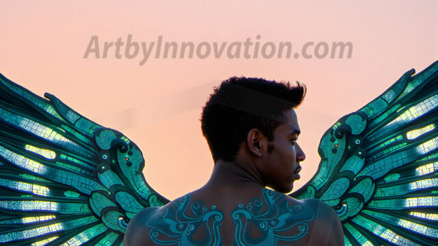 Brought to life through AI, Capturing the Pristine and Elusive Male Fairy. Imagine a realm where handsome shirtless men & boys possess enormous, shimmering crystal wings, vibrant and radiant, capturing and reflecting the light of the environment in a mesmerizing way, and adding a touch of mystery to their intense visage. Outdoors in a fantasy mysterious enchanted realm.