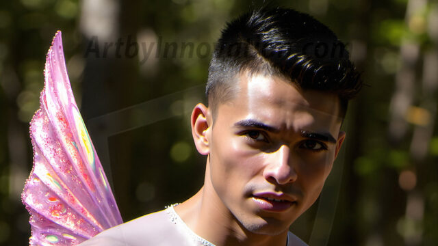 Brought to life through AI, Capturing the Pristine and Elusive Male Fairy. Imagine a realm where handsome shirtless men & boys possess enormous, shimmering crystal wings, vibrant and radiant, capturing and reflecting the light of the environment in a mesmerizing way, and adding a touch of mystery to their intense visage. Outdoors in a fantasy mysterious enchanted realm.