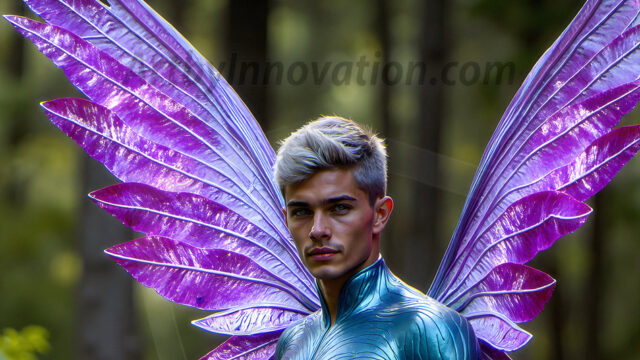Brought to life through AI, Capturing the Pristine and Elusive Male Fairy. Imagine a realm where handsome shirtless men & boys possess enormous, shimmering crystal wings, vibrant and radiant, capturing and reflecting the light of the environment in a mesmerizing way, and adding a touch of mystery to their intense visage. Outdoors in a fantasy mysterious enchanted realm.
