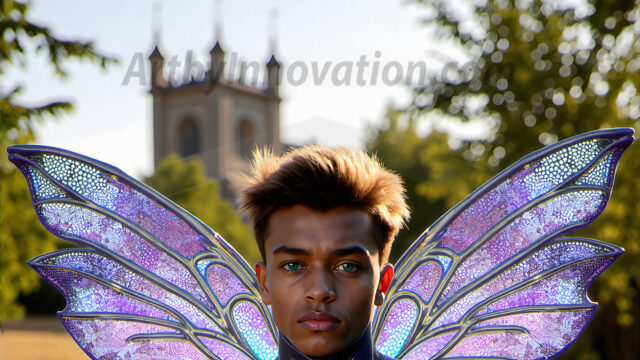Brought to life through AI, Capturing the Pristine and Elusive Male Fairy. Imagine a realm where handsome shirtless men & boys possess enormous, shimmering crystal wings, vibrant and radiant, capturing and reflecting the light of the environment in a mesmerizing way, and adding a touch of mystery to their intense visage. Outdoors in a fantasy mysterious enchanted realm.