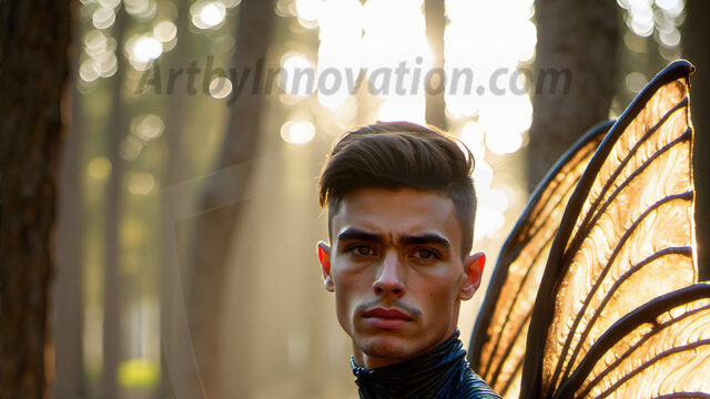 Brought to life through AI, Capturing the Pristine and Elusive Male Fairy. Imagine a realm where handsome shirtless men & boys possess enormous, shimmering crystal wings, vibrant and radiant, capturing and reflecting the light of the environment in a mesmerizing way, and adding a touch of mystery to their intense visage. Outdoors in a fantasy mysterious enchanted realm.