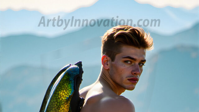 Brought to life through AI, Capturing the Pristine and Elusive Male Fairy. Imagine a realm where handsome shirtless men & boys possess enormous, shimmering crystal wings, vibrant and radiant, capturing and reflecting the light of the environment in a mesmerizing way, and adding a touch of mystery to their intense visage. Outdoors in a fantasy mysterious enchanted realm.