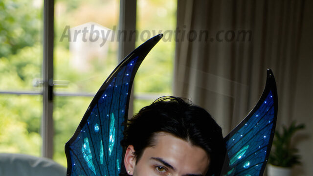 Brought to life through AI, Capturing the Pristine and Elusive Male Fairy. Imagine a realm where handsome shirtless men & boys possess enormous, shimmering crystal wings, vibrant and radiant, capturing and reflecting the light of the environment in a mesmerizing way, and adding a touch of mystery to their intense visage. Outdoors in a fantasy mysterious enchanted realm.