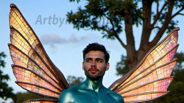 Brought to life through AI, Capturing the Pristine and Elusive Male Fairy. Imagine a realm where handsome shirtless men & boys possess enormous, shimmering crystal wings, vibrant and radiant, capturing and reflecting the light of the environment in a mesmerizing way, and adding a touch of mystery to their intense visage. Outdoors in a fantasy mysterious enchanted realm.