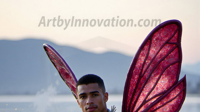 Brought to life through AI, Capturing the Pristine and Elusive Male Fairy. Imagine a realm where handsome shirtless men & boys possess enormous, shimmering crystal wings, vibrant and radiant, capturing and reflecting the light of the environment in a mesmerizing way, and adding a touch of mystery to their intense visage. Outdoors in a fantasy mysterious enchanted realm.