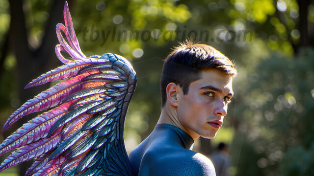 Brought to life through AI, Capturing the Pristine and Elusive Male Fairy. Imagine a realm where handsome shirtless men & boys possess enormous, shimmering crystal wings, vibrant and radiant, capturing and reflecting the light of the environment in a mesmerizing way, and adding a touch of mystery to their intense visage. Outdoors in a fantasy mysterious enchanted realm.