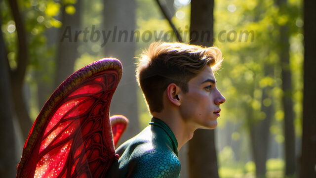 Brought to life through AI, Capturing the Pristine and Elusive Male Fairy. Imagine a realm where handsome shirtless men & boys possess enormous, shimmering crystal wings, vibrant and radiant, capturing and reflecting the light of the environment in a mesmerizing way, and adding a touch of mystery to their intense visage. Outdoors in a fantasy mysterious enchanted realm.