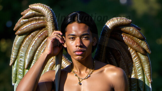 Brought to life through AI, Capturing the Pristine and Elusive Male Fairy. Imagine a realm where handsome shirtless men & boys possess enormous, shimmering crystal wings, vibrant and radiant, capturing and reflecting the light of the environment in a mesmerizing way, and adding a touch of mystery to their intense visage. Outdoors in a fantasy mysterious enchanted realm.