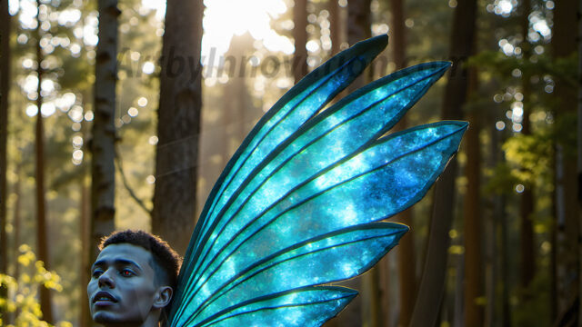 Brought to life through AI, Capturing the Pristine and Elusive Male Fairy. Imagine a realm where handsome shirtless men & boys possess enormous, shimmering crystal wings, vibrant and radiant, capturing and reflecting the light of the environment in a mesmerizing way, and adding a touch of mystery to their intense visage. Outdoors in a fantasy mysterious enchanted realm.