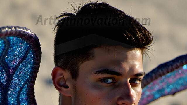 Brought to life through AI, Capturing the Pristine and Elusive Male Fairy. Imagine a realm where handsome shirtless men & boys possess enormous, shimmering crystal wings, vibrant and radiant, capturing and reflecting the light of the environment in a mesmerizing way, and adding a touch of mystery to their intense visage. Outdoors in a fantasy mysterious enchanted realm.