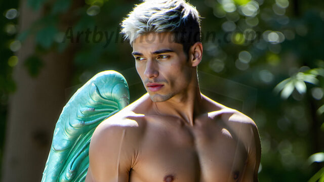 Brought to life through AI, Capturing the Pristine and Elusive Male Fairy. Imagine a realm where handsome shirtless men & boys possess enormous, shimmering crystal wings, vibrant and radiant, capturing and reflecting the light of the environment in a mesmerizing way, and adding a touch of mystery to their intense visage. Outdoors in a fantasy mysterious enchanted realm.