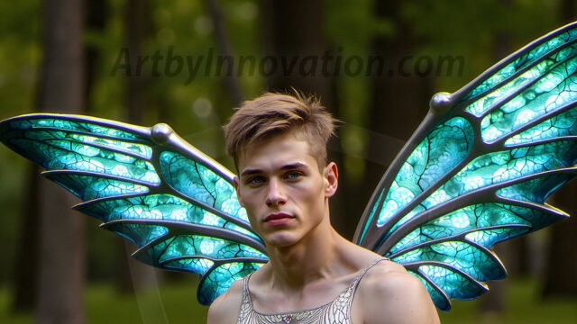 Brought to life through AI, Capturing the Pristine and Elusive Male Fairy. Imagine a realm where handsome shirtless men & boys possess enormous, shimmering crystal wings, vibrant and radiant, capturing and reflecting the light of the environment in a mesmerizing way, and adding a touch of mystery to their intense visage. Outdoors in a fantasy mysterious enchanted realm.