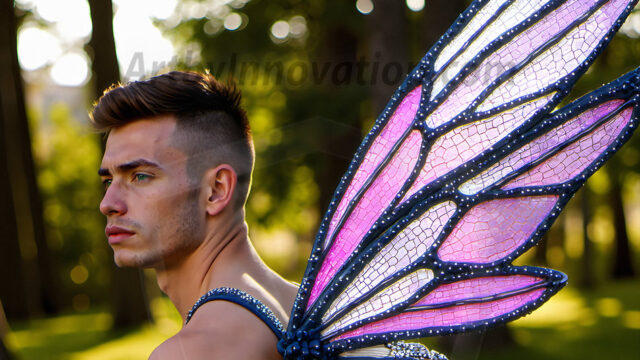 Brought to life through AI, Capturing the Pristine and Elusive Male Fairy. Imagine a realm where handsome shirtless men & boys possess enormous, shimmering crystal wings, vibrant and radiant, capturing and reflecting the light of the environment in a mesmerizing way, and adding a touch of mystery to their intense visage. Outdoors in a fantasy mysterious enchanted realm.