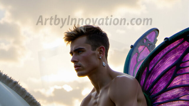 Brought to life through AI, Capturing the Pristine and Elusive Male Fairy. Imagine a realm where handsome shirtless men & boys possess enormous, shimmering crystal wings, vibrant and radiant, capturing and reflecting the light of the environment in a mesmerizing way, and adding a touch of mystery to their intense visage. Outdoors in a fantasy mysterious enchanted realm.