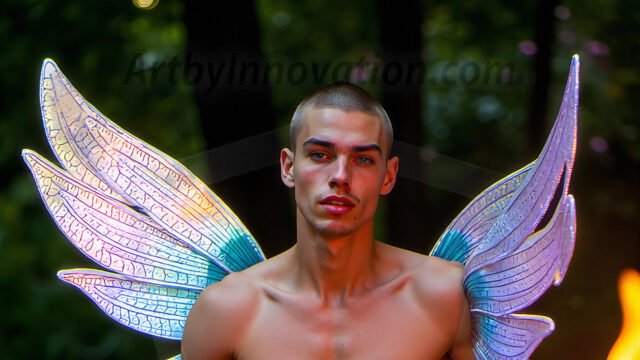 Brought to life through AI, Capturing the Pristine and Elusive Male Fairy. Imagine a realm where handsome shirtless men & boys possess enormous, shimmering crystal wings, vibrant and radiant, capturing and reflecting the light of the environment in a mesmerizing way, and adding a touch of mystery to their intense visage. Outdoors in a fantasy mysterious enchanted realm.