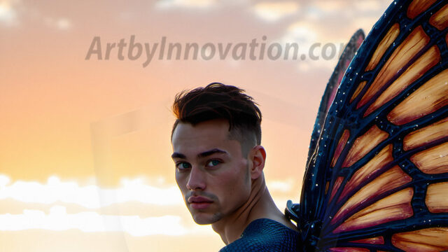 Brought to life through AI, Capturing the Pristine and Elusive Male Fairy. Imagine a realm where handsome shirtless men & boys possess enormous, shimmering crystal wings, vibrant and radiant, capturing and reflecting the light of the environment in a mesmerizing way, and adding a touch of mystery to their intense visage. Outdoors in a fantasy mysterious enchanted realm.