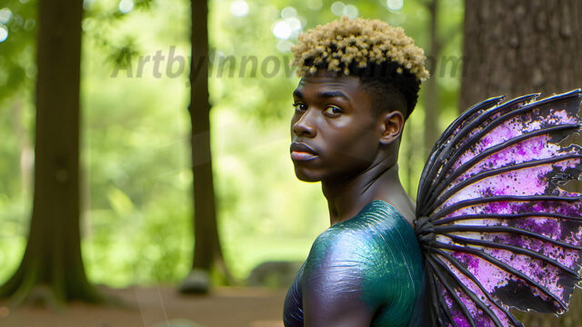 Brought to life through AI, Capturing the Pristine and Elusive Male Fairy. Imagine a realm where handsome shirtless men & boys possess enormous, shimmering crystal wings, vibrant and radiant, capturing and reflecting the light of the environment in a mesmerizing way, and adding a touch of mystery to their intense visage. Outdoors in a fantasy mysterious enchanted realm.