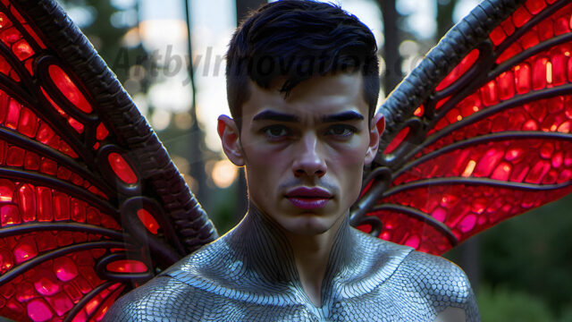 Brought to life through AI, Capturing the Pristine and Elusive Male Fairy. Imagine a realm where handsome shirtless men & boys possess enormous, shimmering crystal wings, vibrant and radiant, capturing and reflecting the light of the environment in a mesmerizing way, and adding a touch of mystery to their intense visage. Outdoors in a fantasy mysterious enchanted realm.