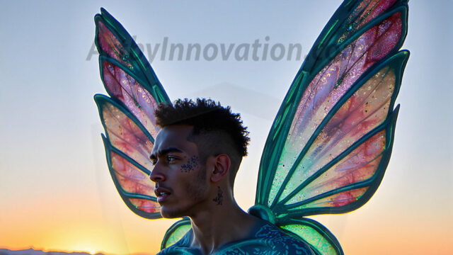 Brought to life through AI, Capturing the Pristine and Elusive Male Fairy. Imagine a realm where handsome shirtless men & boys possess enormous, shimmering crystal wings, vibrant and radiant, capturing and reflecting the light of the environment in a mesmerizing way, and adding a touch of mystery to their intense visage. Outdoors in a fantasy mysterious enchanted realm.