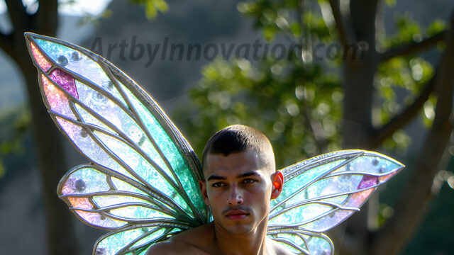 Brought to life through AI, Capturing the Pristine and Elusive Male Fairy. Imagine a realm where handsome shirtless men & boys possess enormous, shimmering crystal wings, vibrant and radiant, capturing and reflecting the light of the environment in a mesmerizing way, and adding a touch of mystery to their intense visage. Outdoors in a fantasy mysterious enchanted realm.