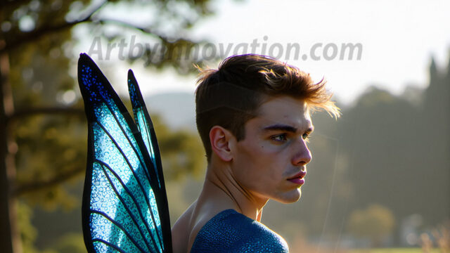 Brought to life through AI, Capturing the Pristine and Elusive Male Fairy. Imagine a realm where handsome shirtless men & boys possess enormous, shimmering crystal wings, vibrant and radiant, capturing and reflecting the light of the environment in a mesmerizing way, and adding a touch of mystery to their intense visage. Outdoors in a fantasy mysterious enchanted realm.