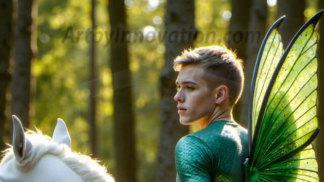 Brought to life through AI, Capturing the Pristine and Elusive Male Fairy. Imagine a realm where handsome shirtless men & boys possess enormous, shimmering crystal wings, vibrant and radiant, capturing and reflecting the light of the environment in a mesmerizing way, and adding a touch of mystery to their intense visage. Outdoors in a fantasy mysterious enchanted realm.