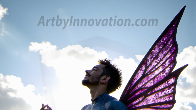 Brought to life through AI, Capturing the Pristine and Elusive Male Fairy. Imagine a realm where handsome shirtless men & boys possess enormous, shimmering crystal wings, vibrant and radiant, capturing and reflecting the light of the environment in a mesmerizing way, and adding a touch of mystery to their intense visage. Outdoors in a fantasy mysterious enchanted realm.