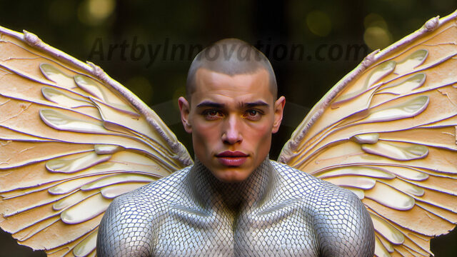 Brought to life through AI, Capturing the Pristine and Elusive Male Fairy. Imagine a realm where handsome shirtless men & boys possess enormous, shimmering crystal wings, vibrant and radiant, capturing and reflecting the light of the environment in a mesmerizing way, and adding a touch of mystery to their intense visage. Outdoors in a fantasy mysterious enchanted realm.