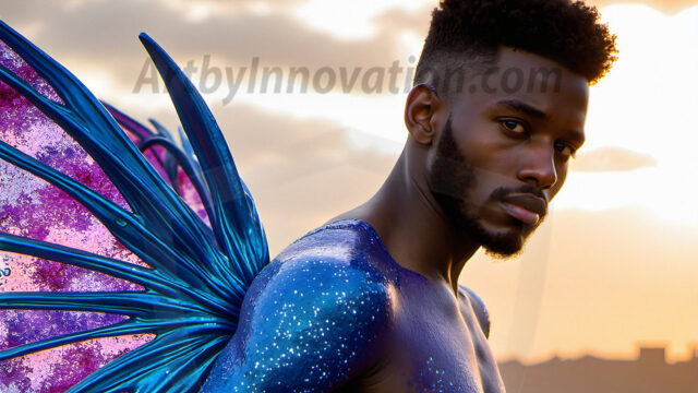 Brought to life through AI, Capturing the Pristine and Elusive Male Fairy. Imagine a realm where handsome shirtless men & boys possess enormous, shimmering crystal wings, vibrant and radiant, capturing and reflecting the light of the environment in a mesmerizing way, and adding a touch of mystery to their intense visage. Outdoors in a fantasy mysterious enchanted realm.