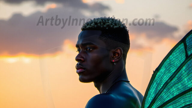 Brought to life through AI, Capturing the Pristine and Elusive Male Fairy. Imagine a realm where handsome shirtless men & boys possess enormous, shimmering crystal wings, vibrant and radiant, capturing and reflecting the light of the environment in a mesmerizing way, and adding a touch of mystery to their intense visage. Outdoors in a fantasy mysterious enchanted realm.