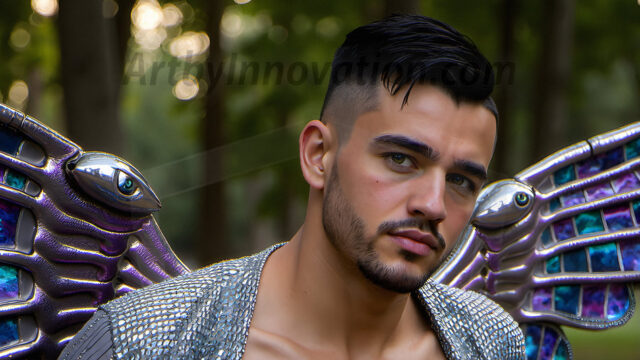 Brought to life through AI, Capturing the Pristine and Elusive Male Fairy. Imagine a realm where handsome shirtless men & boys possess enormous, shimmering crystal wings, vibrant and radiant, capturing and reflecting the light of the environment in a mesmerizing way, and adding a touch of mystery to their intense visage. Outdoors in a fantasy mysterious enchanted realm.
