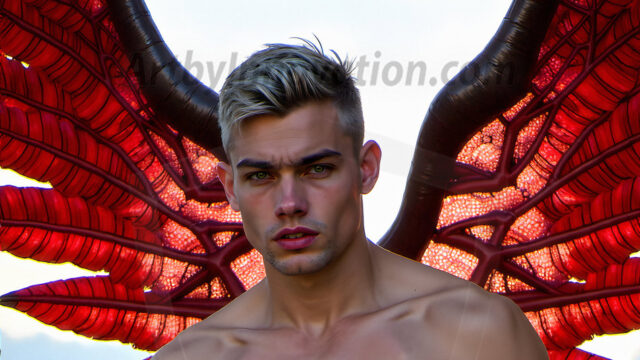 Brought to life through AI, Capturing the Pristine and Elusive Male Fairy. Imagine a realm where handsome shirtless men & boys possess enormous, shimmering crystal wings, vibrant and radiant, capturing and reflecting the light of the environment in a mesmerizing way, and adding a touch of mystery to their intense visage. Outdoors in a fantasy mysterious enchanted realm.