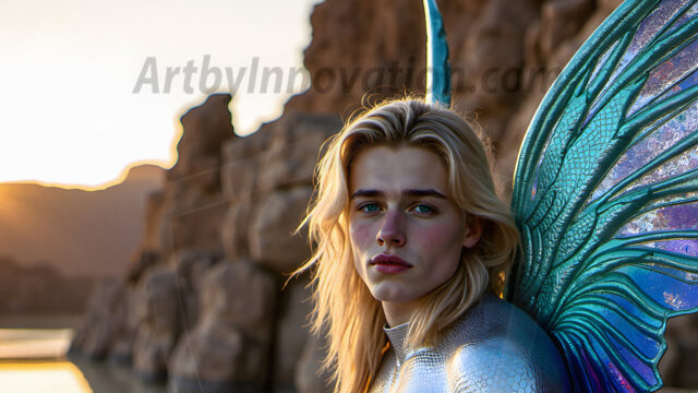 Brought to life through AI, Capturing the Pristine and Elusive Male Fairy. Imagine a realm where handsome shirtless men & boys possess enormous, shimmering crystal wings, vibrant and radiant, capturing and reflecting the light of the environment in a mesmerizing way, and adding a touch of mystery to their intense visage. Outdoors in a fantasy mysterious enchanted realm.