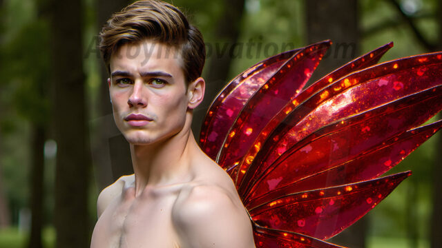 Brought to life through AI, Capturing the Pristine and Elusive Male Fairy. Imagine a realm where handsome shirtless men & boys possess enormous, shimmering crystal wings, vibrant and radiant, capturing and reflecting the light of the environment in a mesmerizing way, and adding a touch of mystery to their intense visage. Outdoors in a fantasy mysterious enchanted realm.
