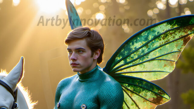 Brought to life through AI, Capturing the Pristine and Elusive Male Fairy. Imagine a realm where handsome shirtless men & boys possess enormous, shimmering crystal wings, vibrant and radiant, capturing and reflecting the light of the environment in a mesmerizing way, and adding a touch of mystery to their intense visage. Outdoors in a fantasy mysterious enchanted realm.