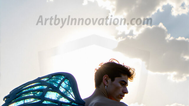 Brought to life through AI, Capturing the Pristine and Elusive Male Fairy. Imagine a realm where handsome shirtless men & boys possess enormous, shimmering crystal wings, vibrant and radiant, capturing and reflecting the light of the environment in a mesmerizing way, and adding a touch of mystery to their intense visage. Outdoors in a fantasy mysterious enchanted realm.