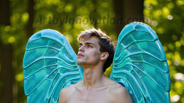 Brought to life through AI, Capturing the Pristine and Elusive Male Fairy. Imagine a realm where handsome shirtless men & boys possess enormous, shimmering crystal wings, vibrant and radiant, capturing and reflecting the light of the environment in a mesmerizing way, and adding a touch of mystery to their intense visage. Outdoors in a fantasy mysterious enchanted realm.