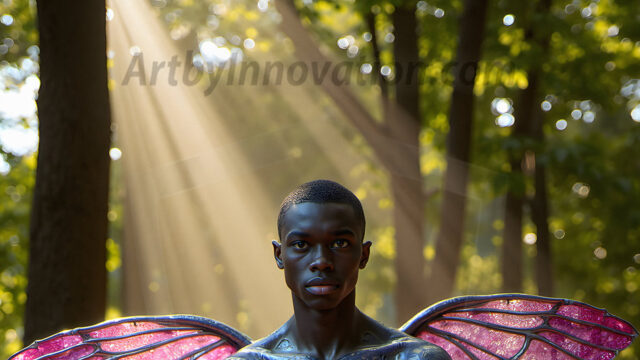 Brought to life through AI, Capturing the Pristine and Elusive Male Fairy. Imagine a realm where handsome shirtless men & boys possess enormous, shimmering crystal wings, vibrant and radiant, capturing and reflecting the light of the environment in a mesmerizing way, and adding a touch of mystery to their intense visage. Outdoors in a fantasy mysterious enchanted realm.